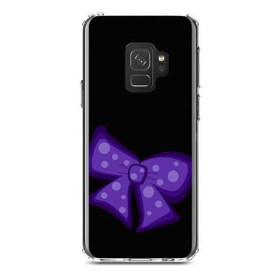 DistinctInk Clear Shockproof Hybrid Case for Samsung Galaxy S9 (5.8" Screen) - TPU Bumper, Acrylic Back, Tempered Glass Screen Protector - Purple Black Bow Ribbon - Cartoon Bows / Ribbons