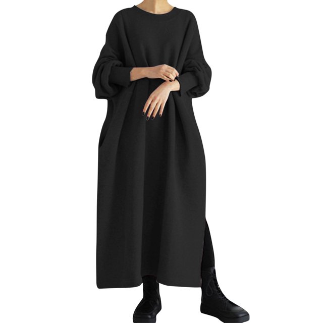 Gibobby Vestido de manga larga para mujer Vestido largo a la moda para mujer, vestido de sudadera con empalme con capucha(Negro,G)