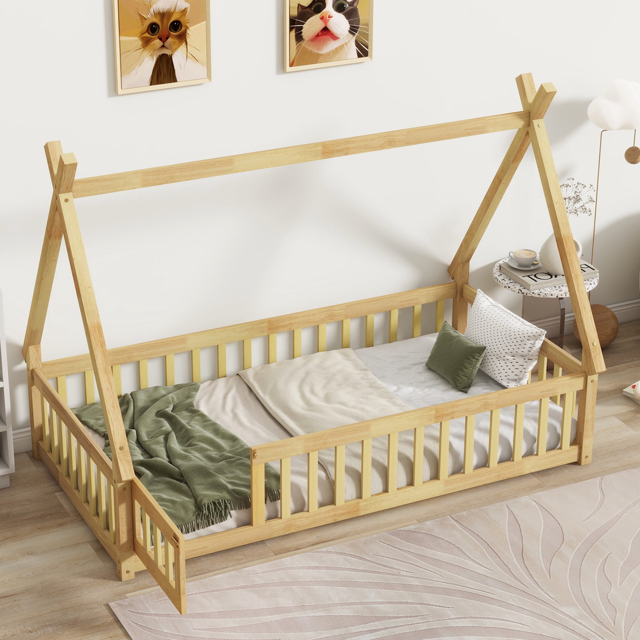 Noble House Misty Twin Teepee Floor Bed with Safety Fence and Door, Solid Rubber Wood Tent Bed, Kid's Room, Natural
