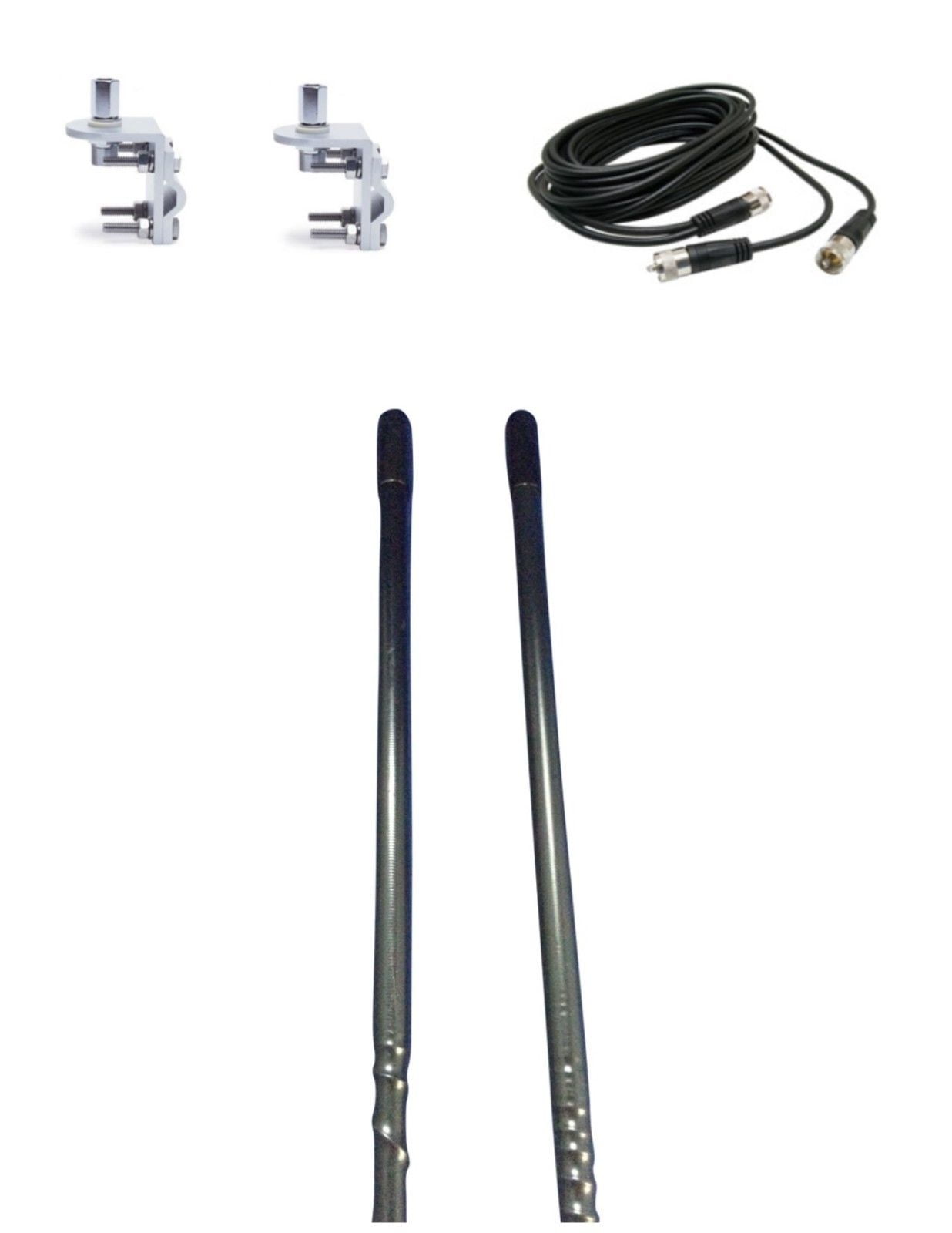 LOT OF 2 CRS 1000 WATT 2FT BLACK CB RADIO ANTENNAS,12FT DUAL COAX, BRKTS,STDS