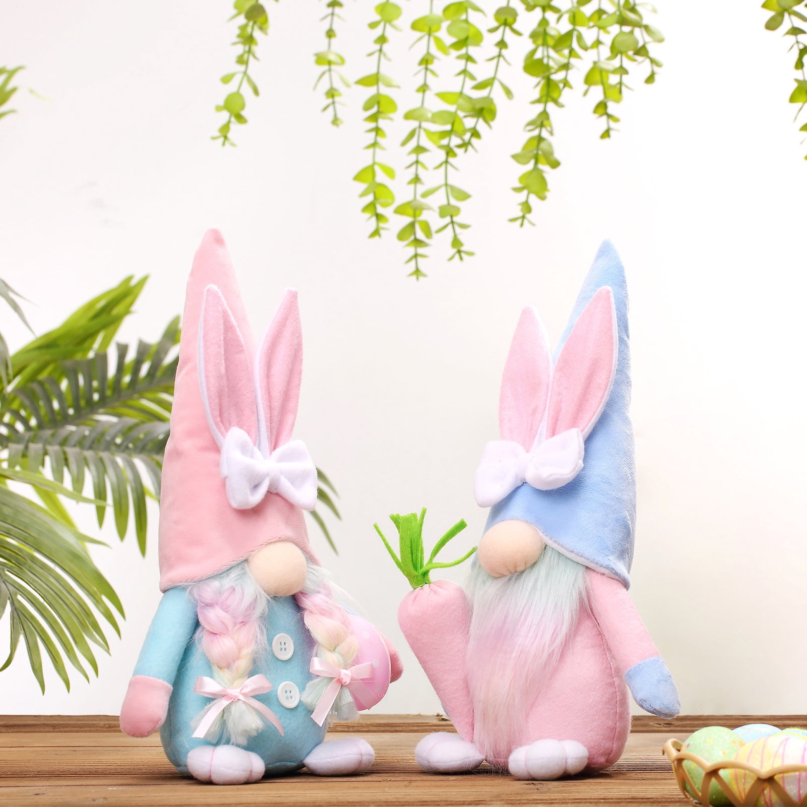 Opvise Easter Dwarf Bunny Doll Faceless Sweet Color Carrot Bow Decor Braided Hair Soft Elastic Fully Stuffed Kids Toy Party Decoration Plush Doll Women