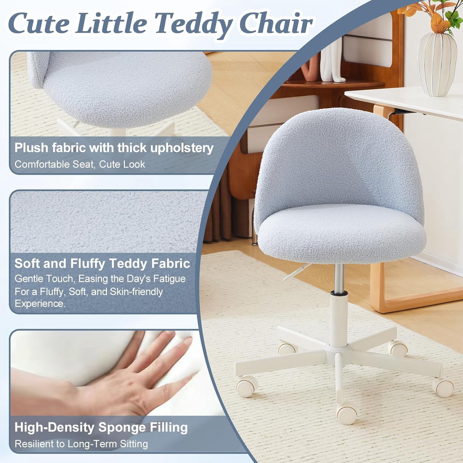 Matladin Modern Vanity Chair with Back, Silent Wheels, Velvet Desk Chair for Girls, Small Office Chair, Stylish and Comfortable