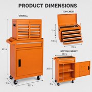 Seizeen Rolling Tool Box, 2-IN-1 Steel Tool Chest and Storage Cabinet, Removable Tool Box Organizer On Wheels with 5 Sliding Drawers for Garage Workstation Workshop, Orange