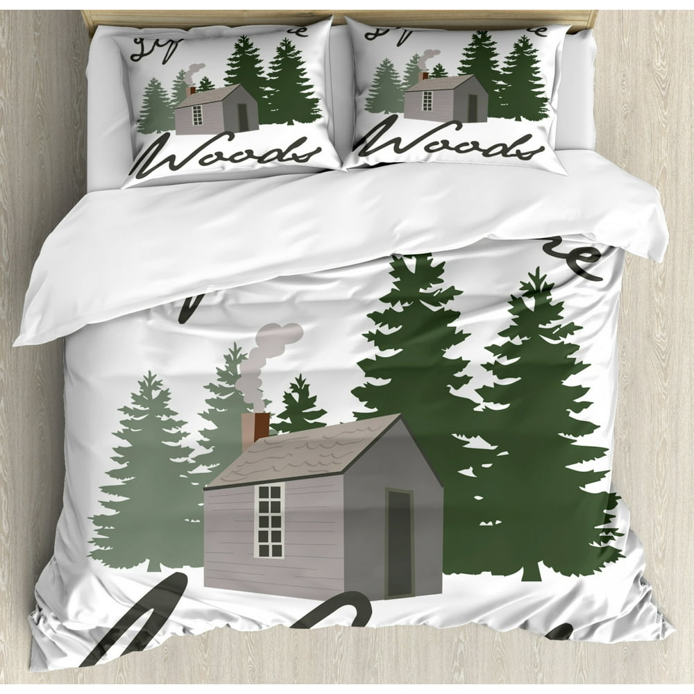 Log Cabin Duvet Cover Set, Image of a Rustic Lodge in a Forest with