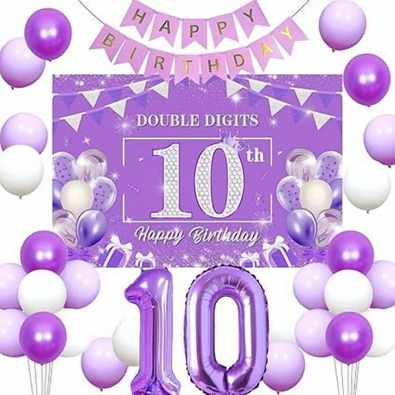 10th Birthday Decorations - Purple Girl's Double Digits Backdrop, Happy Birthday Banner, Number 10 Foil Balloon & Party Supplies