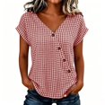 thumbnail image 3 of Favoffer Women's Plaid Pullovers V Neck Short Sleeve Button Placket Grid Weave Loose Silhouette Daily Shirts Picnic Gathering Weekend Rest, 3 of 8