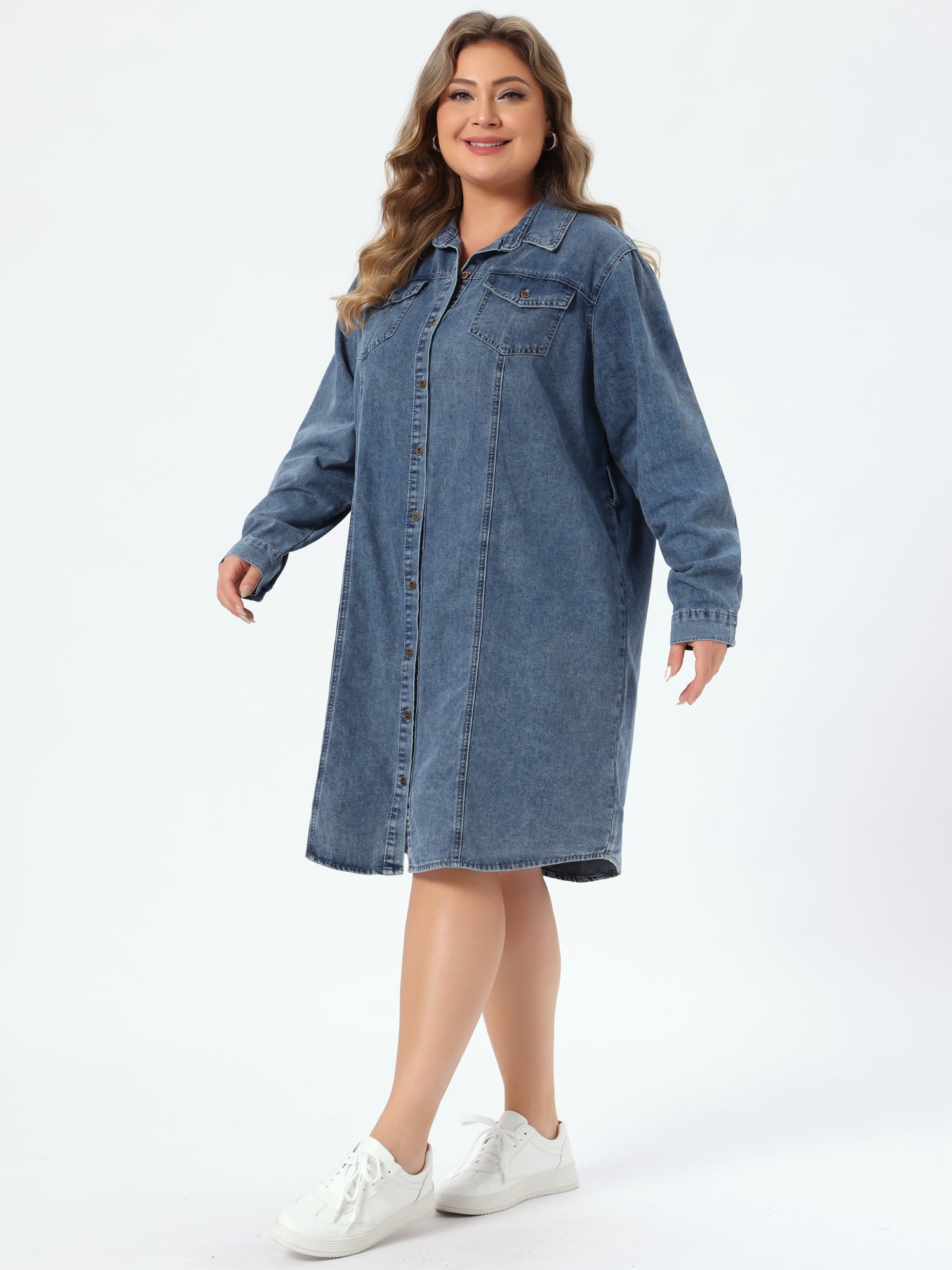 DARING DIVA Women's Plus Size Long Sleeve Belted Above Knee Denim Shirt Dress 3X Gray Blue