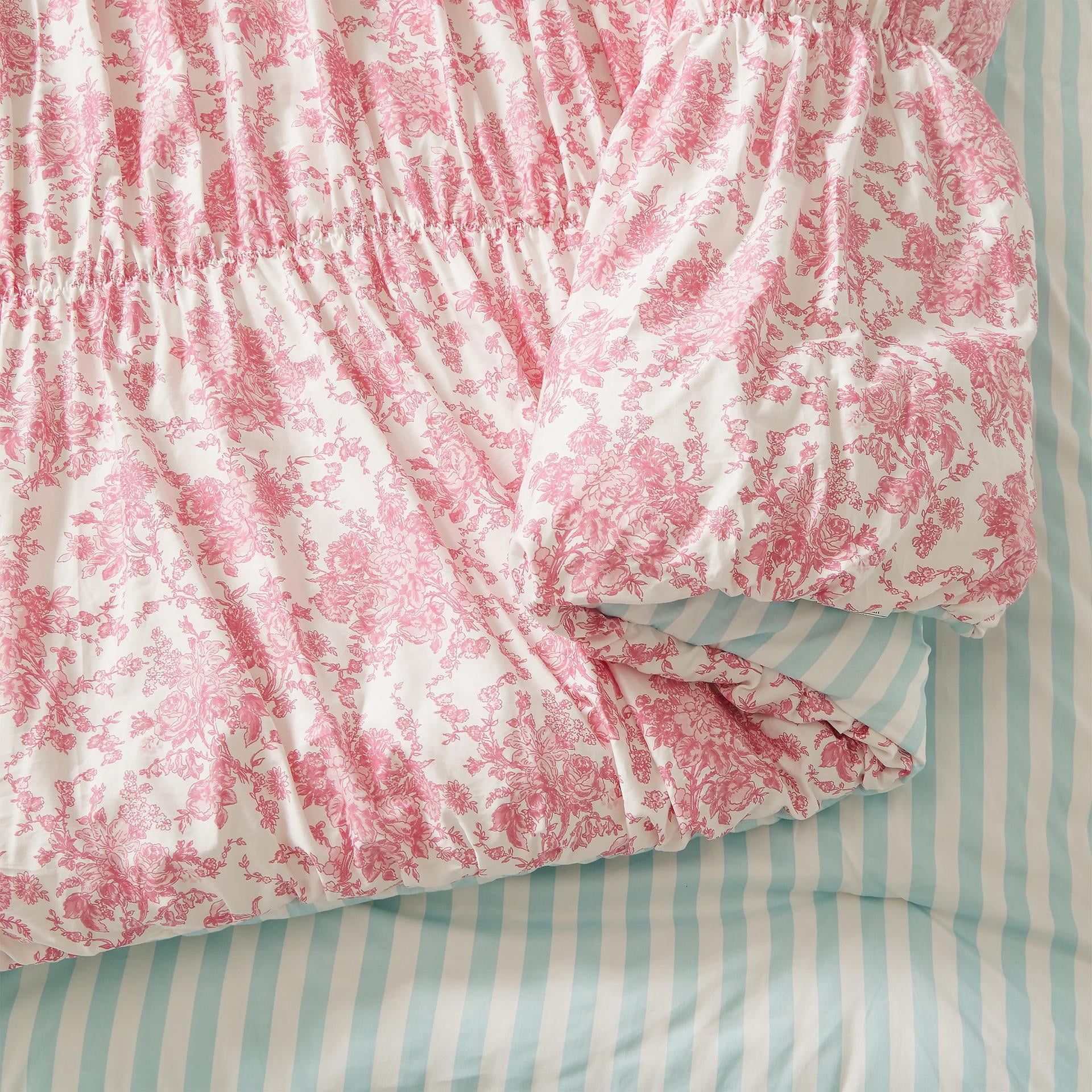 Fancy Toile Ruched Pink Floral Comforter Set for King Beds