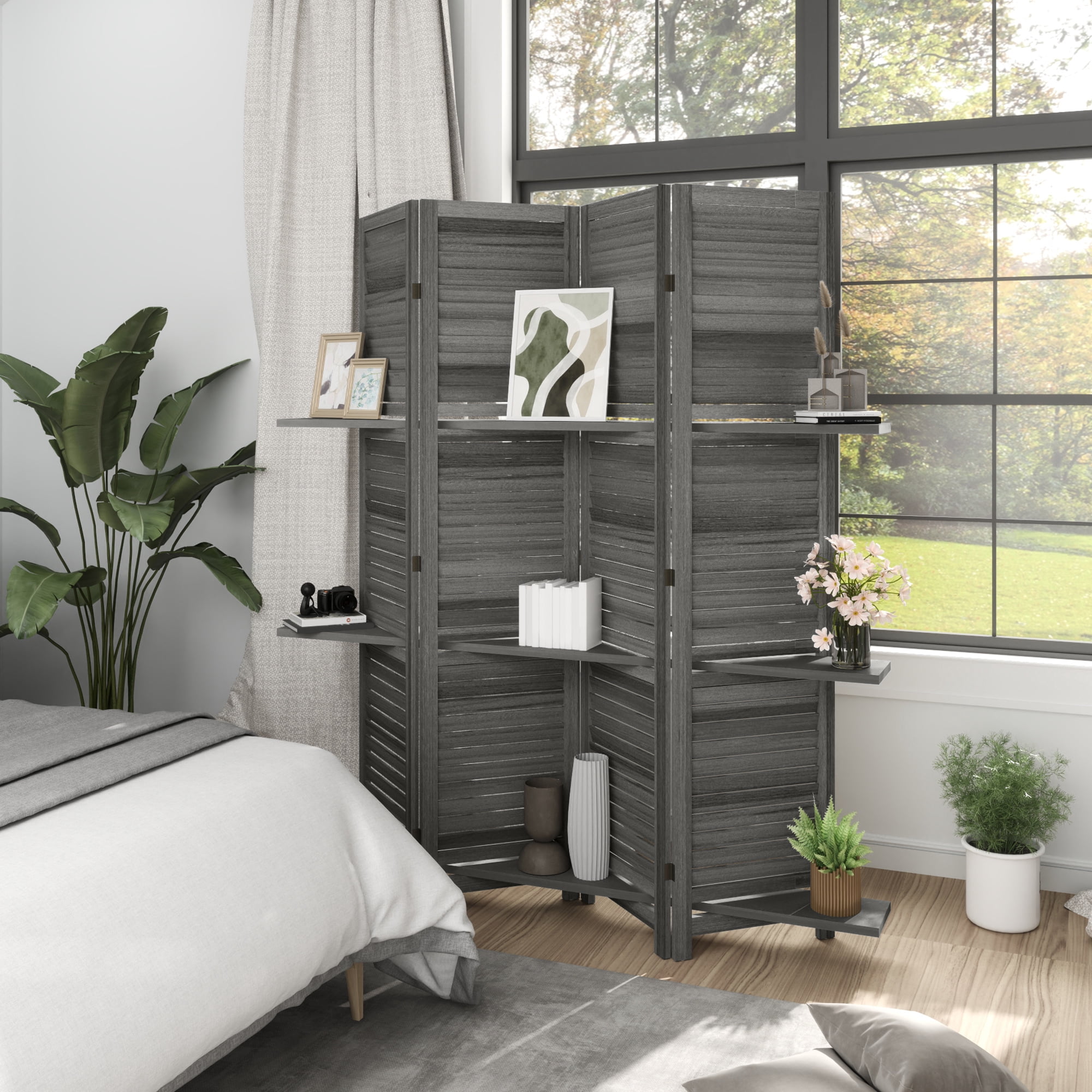 HOMCOM 4 Panel Privacy Screen, Room Divider with 3 Shelves Distressed White