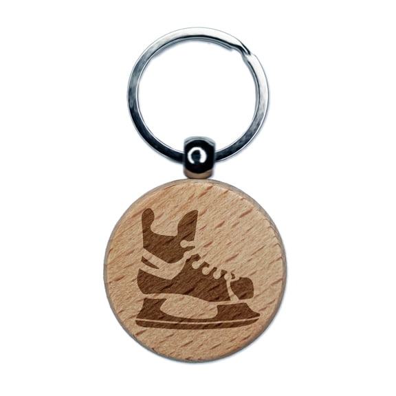 Hockey Ice Skates Skating Blades Round Keychain Charm Tag - Engraved Wood