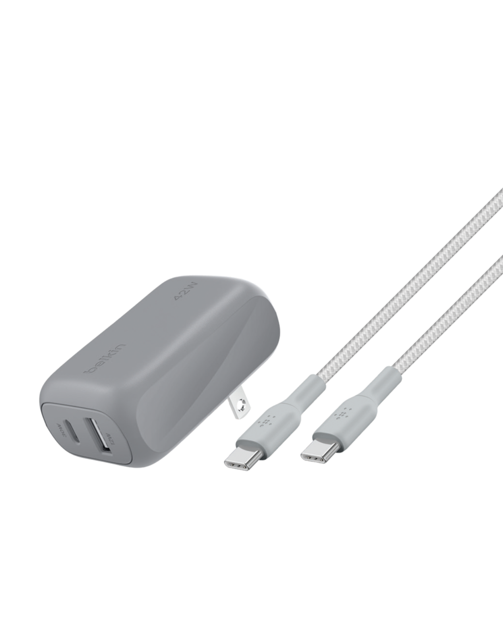 Belkin Silver 42W PD Wall Charger with PPS, with 5' Silver Braided C-C Cable Cell Phones Single Charger with USB-C to USB-C a Cable, AirPods, 1 Pack
