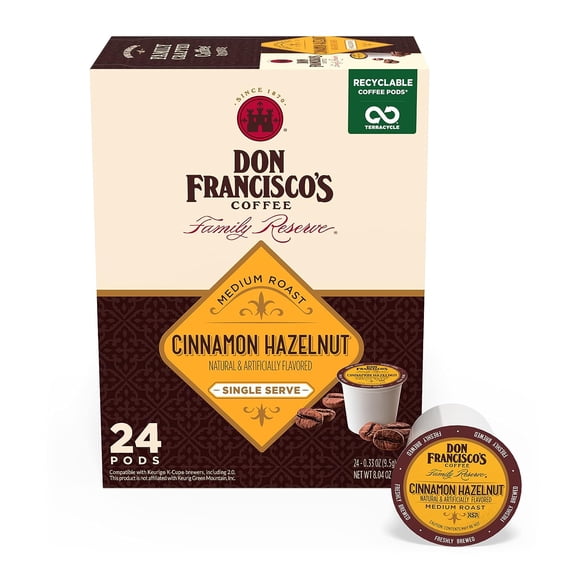 Don Francisco's Cinnamon Hazelnut Medium Roast Coffee - 24 K-Cup Compatible Single-Serve Pods - 100% Arabica - Recyclable through TerraCycle - Family Crafted Since 1870