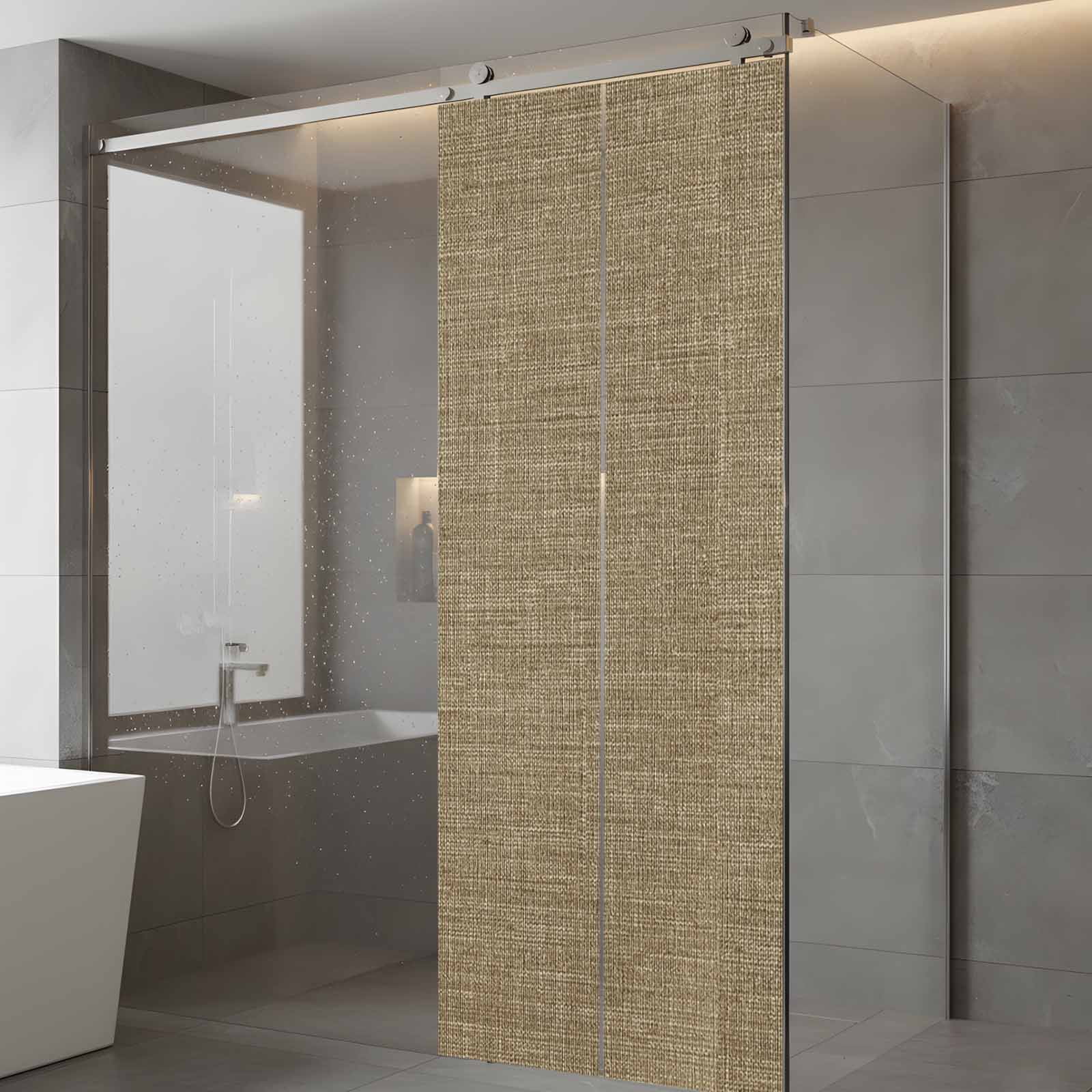 Static Cling Door Window Covering, Brown Window Privacy Film Frosted, Farmhouse Burlap Solid Beige Color Modern Linen Texture UV Blocking Windows Film for Office, Hotel, Bedroom, 29.5 x 78.7 Inches