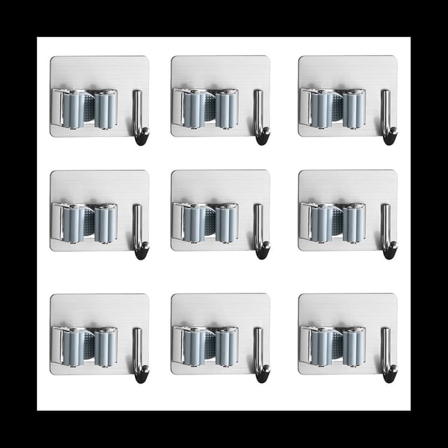 Soporte Montaje en Pared Acero Inoxidable para Trapeador Escoba con Tela para Trapear, Cinta Adhesiva para Hogar, Cocina, Garaje, Estante para Herramientas, Paquete de 10