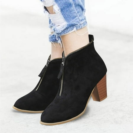 

Gubotare Rain Boots For Women Women’s Booties Closed Toe Low Block Heel Ankle Boots Side Zipper Comfy Suede Fashion Shoes Black 7.5