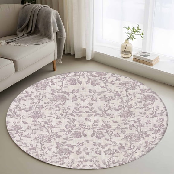 Farmhouse Flower Round Area Rug 3.3 FT, Non Slip Small Entryway Kitchen Mat, Botanical Vintage Purple Leaf Plant Washable Soft Circular Rug Non-Shedding Door Mat for Bathroom Playroom Kids Room