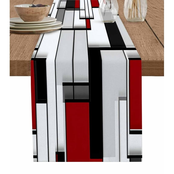 Table Runner Abstract Geometric Gray Red Table Decoration for Kitchen Dinning Black Modern Art Table Decoration for Indoor Outdoor Party Wedding Decor 13x90inch
