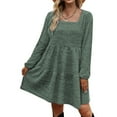 thumbnail image 4 of Womens Square Collar Long Sleeve Dress Solid Color Ruffle Fall Spring Dresses Casual Loose A Line Flowy Mini Dress, 4 of 4