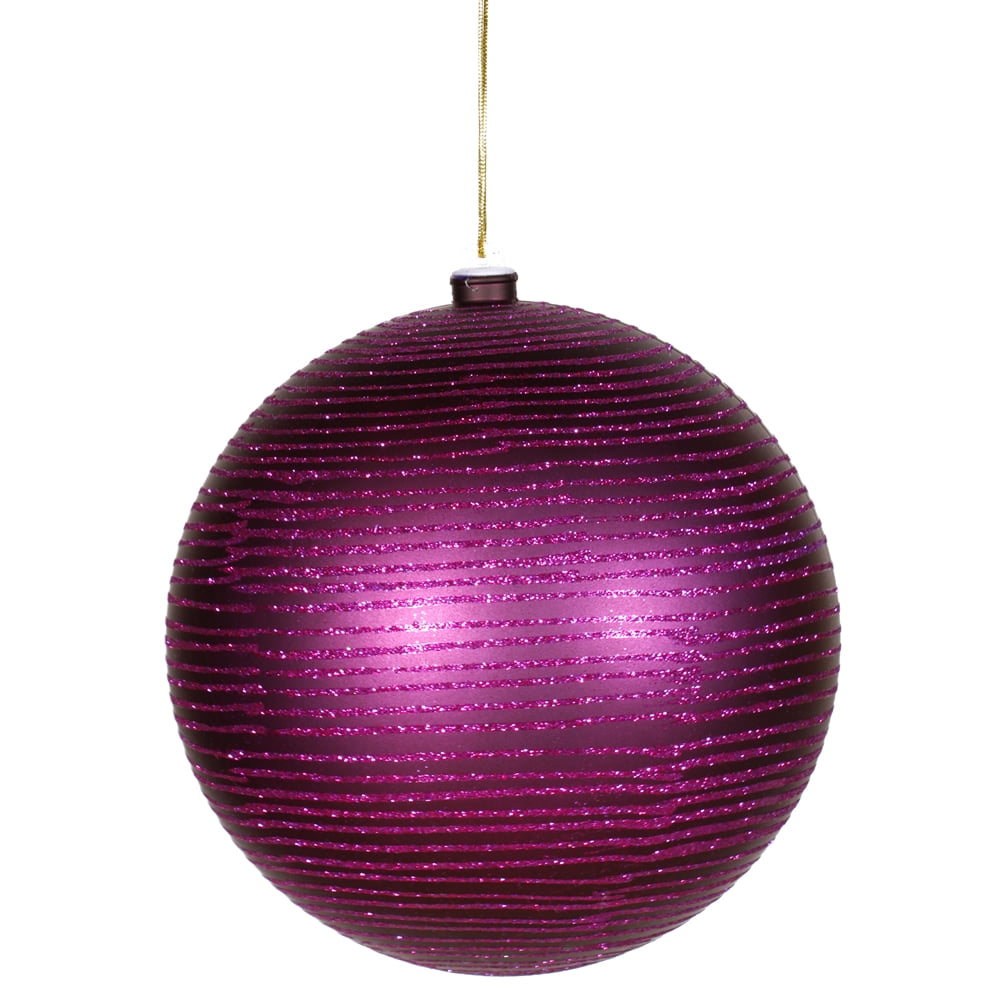 plum purple glitter striped shatterproof christmas ball ornament 4.75
