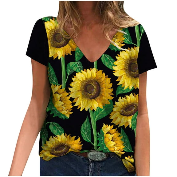Fesfesfes Tops for Womem Casual Tops Comfy Fashion Womens Sunflower Print T-Shirts Round -Neck Casual Short Sleeves Tops Blouse V Neck Tees Summer Tops Tunic On Sale