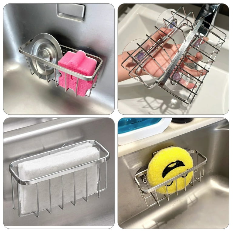 TSV 2-in-1 Sink Holder, Stainless Steel Adhesive Sponge Holder Brush Holder, Rustproof Waterproof Kitchen Sink Organizer Basket for Sponges, Dish