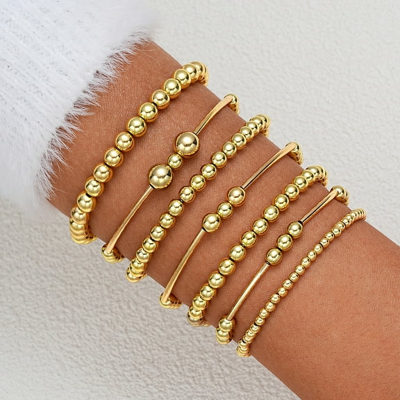7pcs CCB Round Beaded Stretch Bracelets Golden 190~205mm