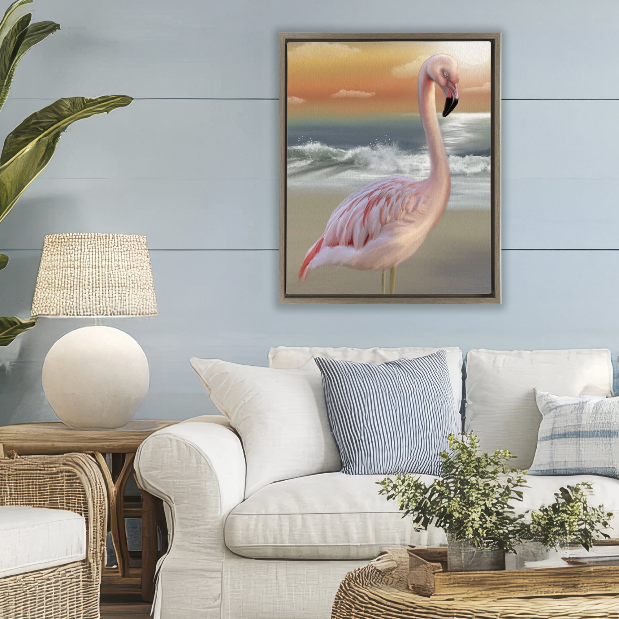 Stupell Industries Coastal Beach Flamingo Brown Framed Floater Canvas Wall Art, design by Matthew Piotrowicz