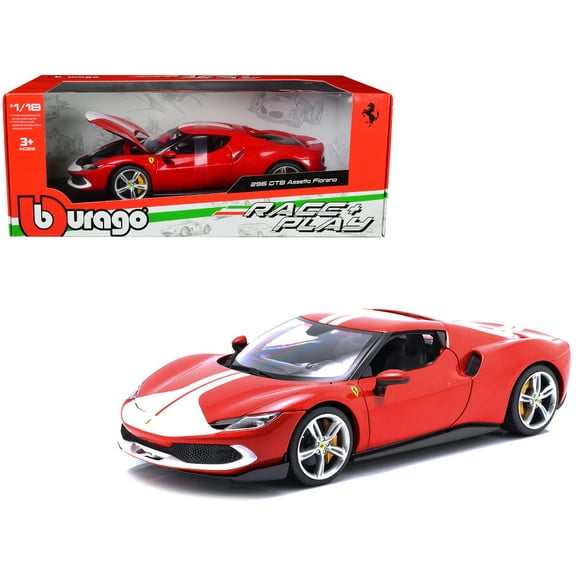 Ferrari 296 GTB Assetto Fiorano Red with White Stripes "Race   Play" Series 1/18 Diecast Model Car by Bburago