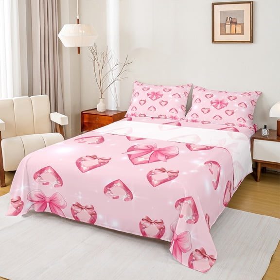 Homewish Pink Bling Crystal 3pcs Twin Sheet Sets For Girls,Kawaii Ribbon Bow Twin Fitted Sheet,Dreamy Princess Breathable Flat Sheet,Luxury Bedroom Decor