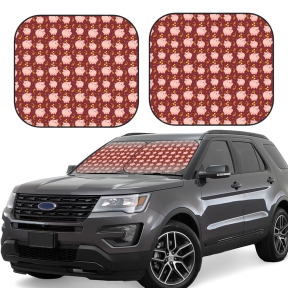 Naloa Cute Pig with Coins 2 Piece Foldable Car Sun Shades, Car Windshield Sunshade, Front Window Sunshade for Car, Truck, SUV - Small