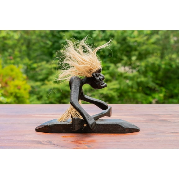 G6 Collection Handmade Wooden Primitive Tribal Kayaking Statue Canoe Funny Sculpture Tiki Bar Handcrafted Unique Gift Decor Accent Figurine Hand Carved