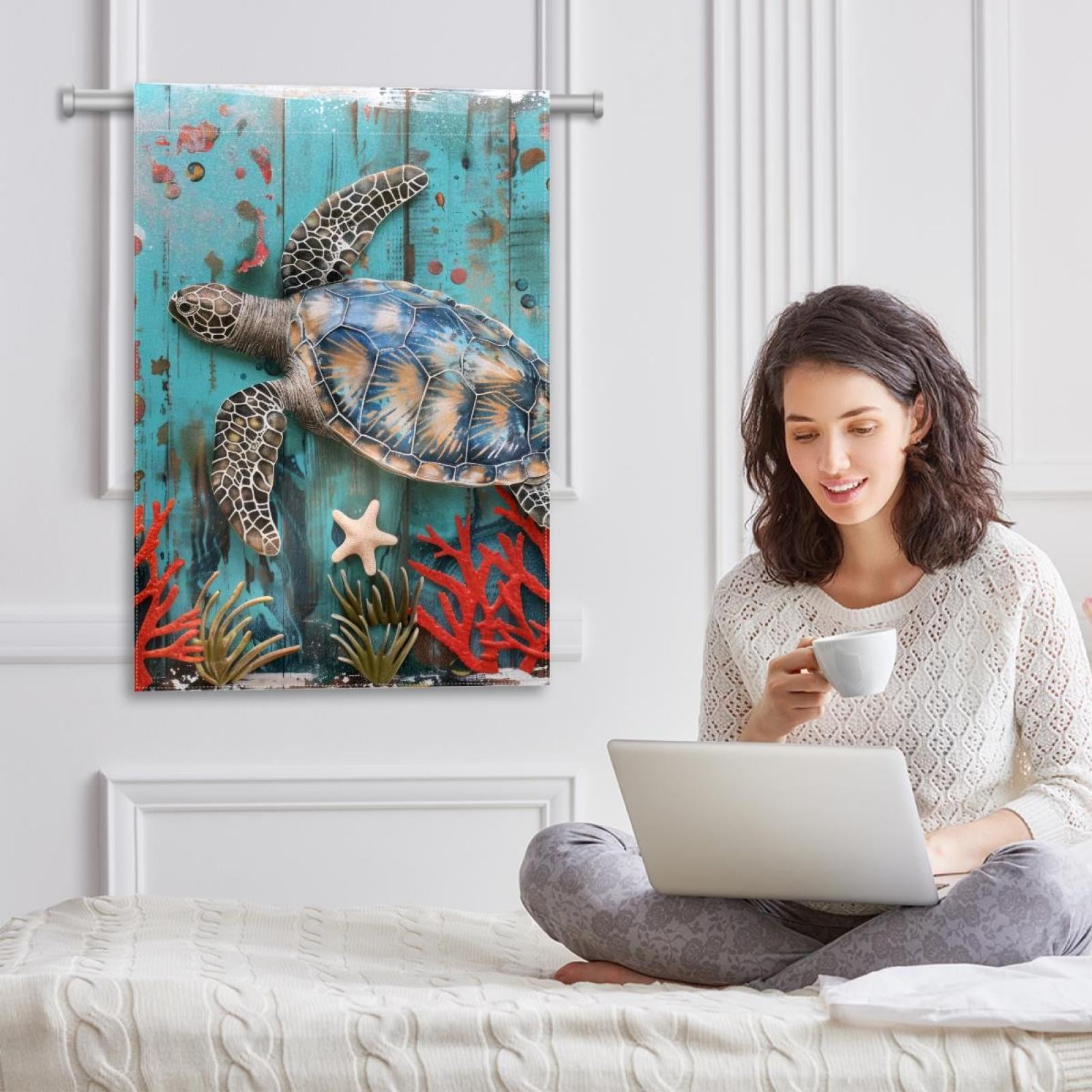 Coastal Sea Turtle Nautical Ocean Starfish Seashell Coral Double Sided Garden Flag Decorative Weather Resistant Yard Flag, Large DIY Vertical Flag for Farmhouse Patio Lawn, 28x40 Inch