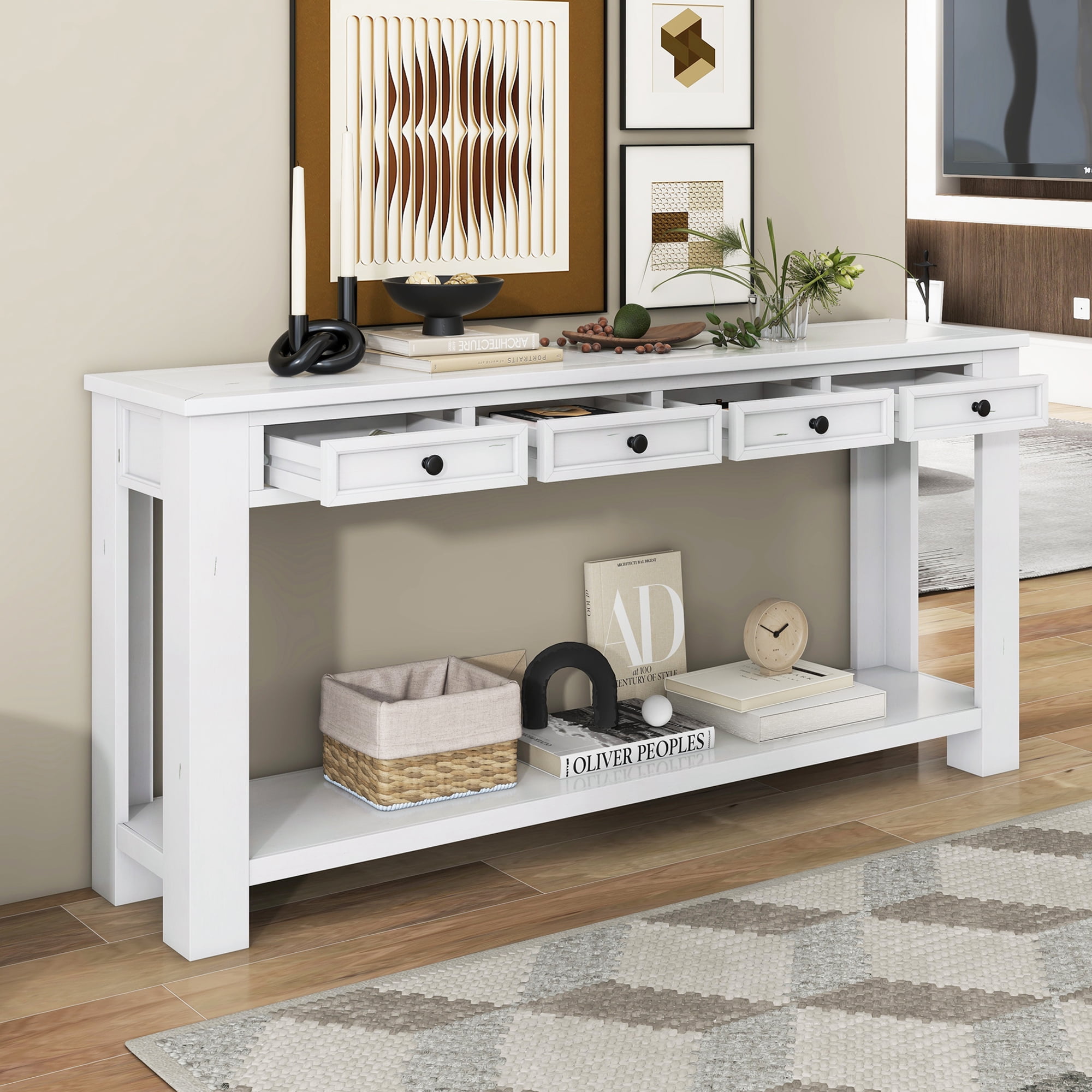 Noble House Console Entryway Table with Storage Drawers and Bottom Shelf for Hallway and Living Room ,Antique White
