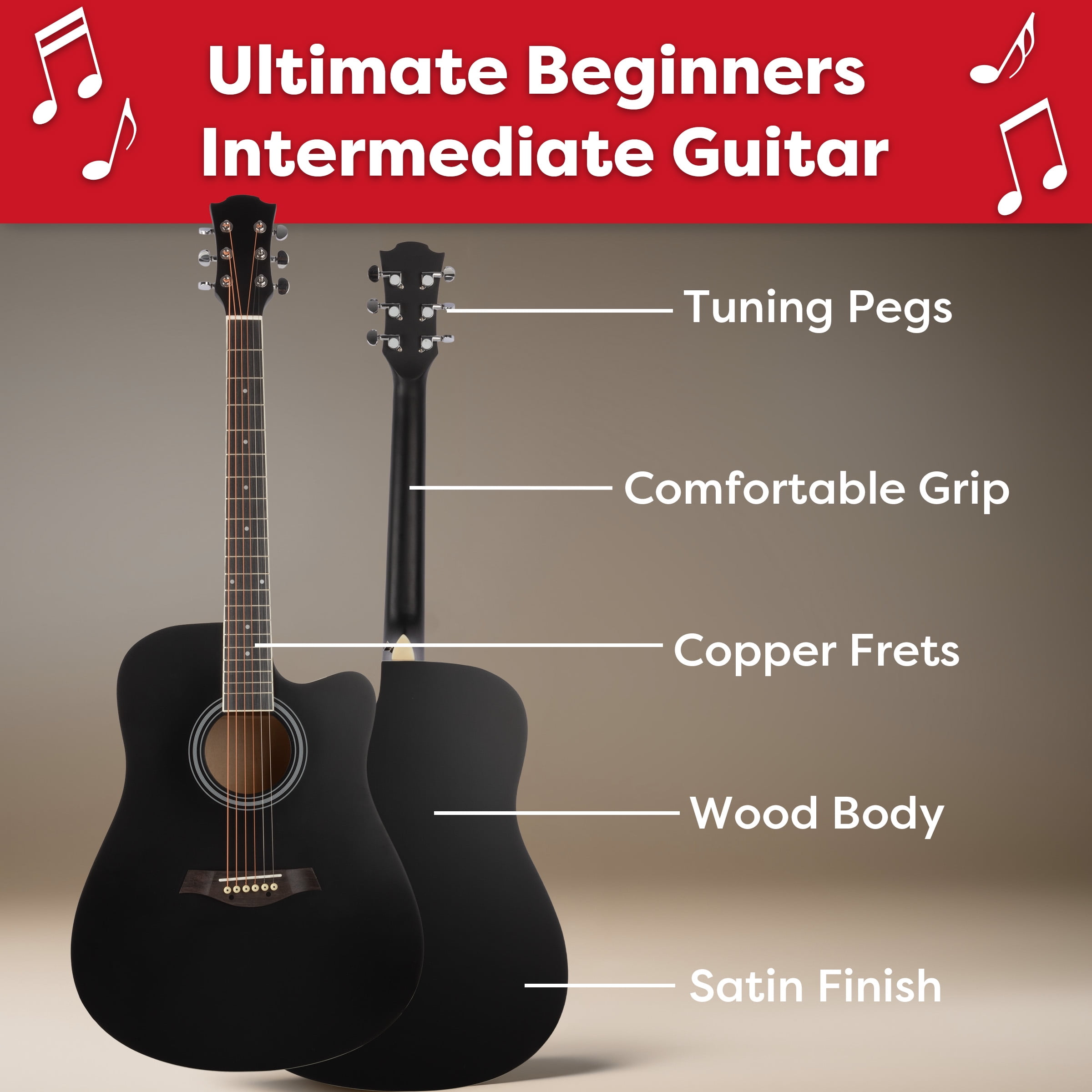 Hey Play 41in Acoustic Guitar with Case, Capo, Strings, and Picks (Black)