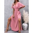 thumbnail image 3 of Dusty Pink V-Neck Butterfly Sleeve High Slit Maxi Dress For Women, 3 of 8