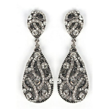 - Antique Silvertone with Clear Iced Out Vine Twist Teardrop Shaped 3.25 Inch Dangle Clip on Earrings