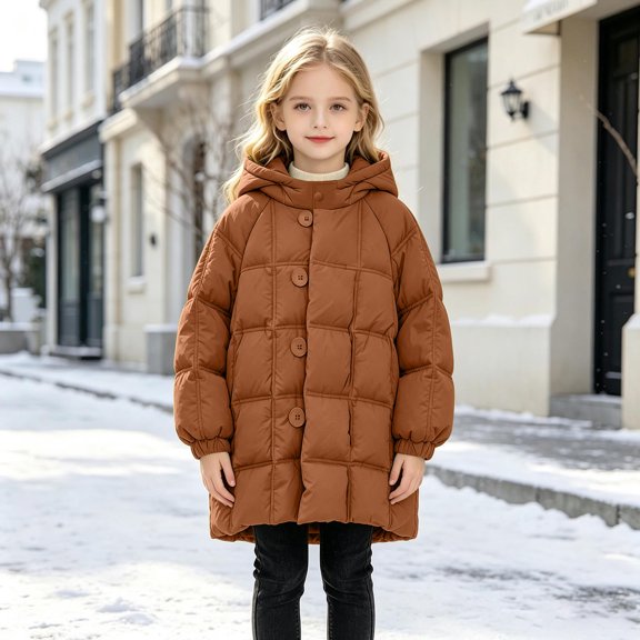 Xdegoge Girls Long Puffer Coat Hooded Quilted Thick Winter Warm Jacket with Buttons and Pockets for Kids Outdoor Snow Heavyweight Outerwear