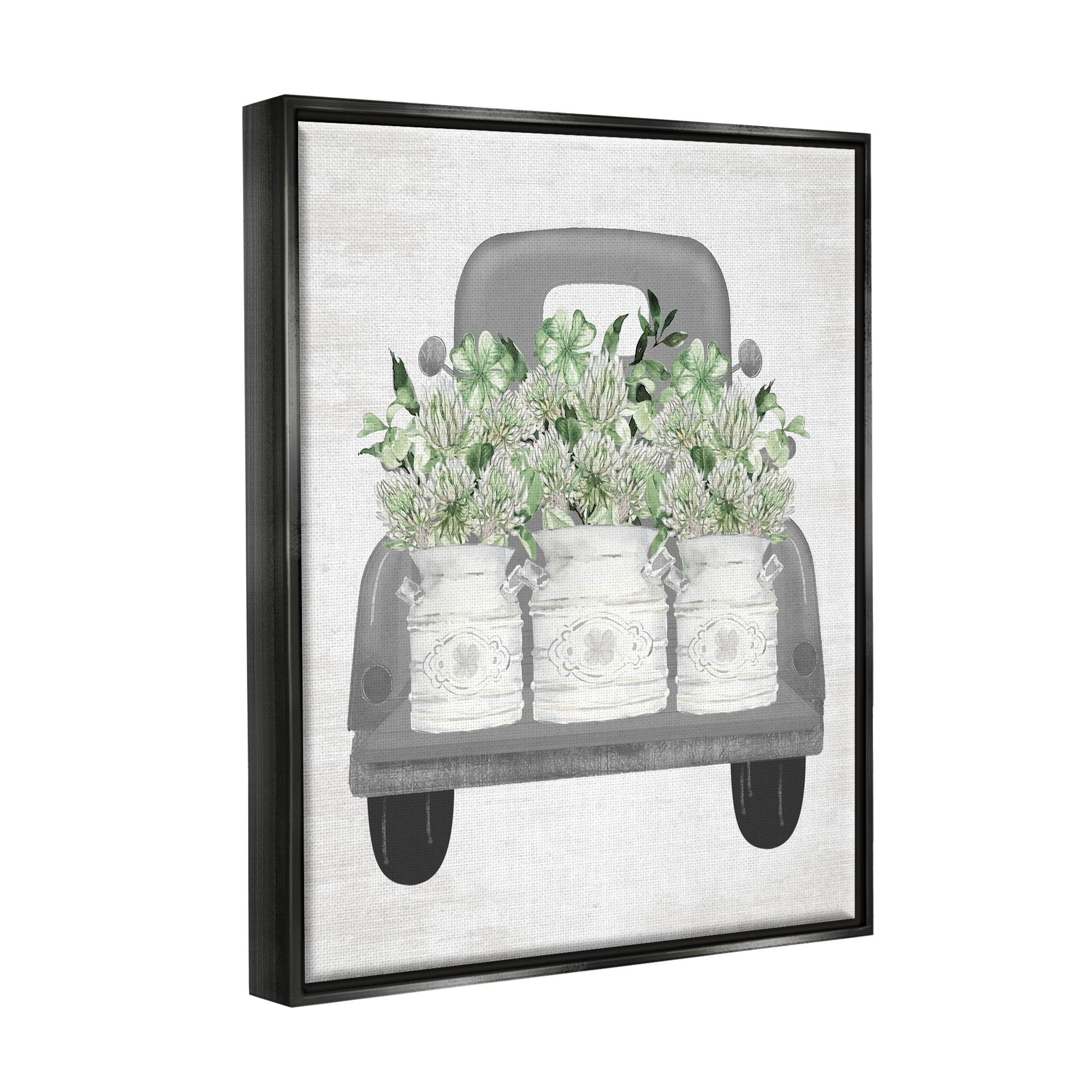 Stupell Industries Pickup Truck with Greenery Botanical & Floral Painting Black Floater Framed Canvas Art Print Wall Art, 17 x 21