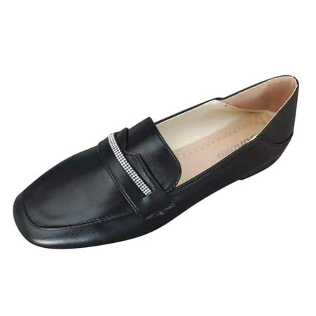 

Ykohkofe Women s Fashion British Square Toe Large Size Loafers Rhinestone Flat Shoes Black 8.5