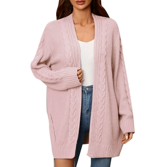 Solid Color Cardigan Fashion Loose Knitwear Open Front Warm Pullover Pockets Round Neck Outwear Long Cable Knitted Sweater Autumn Women Coat