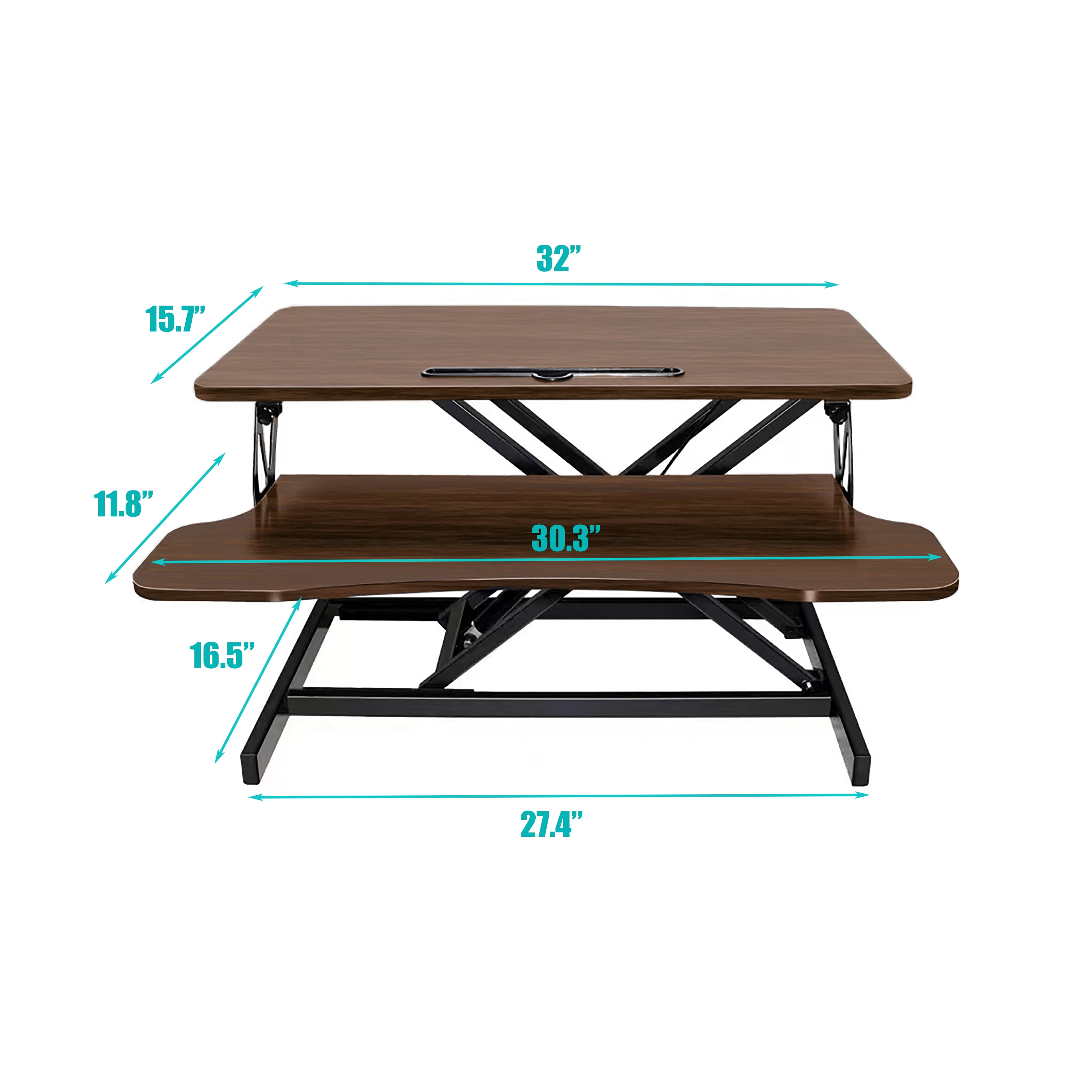 32 Inch Height Adjustable Sit Stand Desk Converter, Dual Monitor Workstation with Wide Keyboard Tray, 33 lbs Load Capacity, Walnut Color