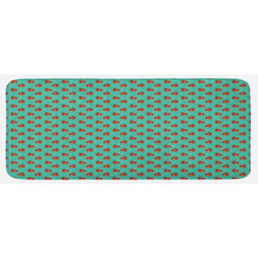 Modern Kitchen Mat, Ladybugs with Little Star Motifs Spring Nature Pattern on Blue Background, Plush Decorative Kitchen Mat with Non Slip Backing, 47" X 19", Teal Red Black, by Ambesonne
