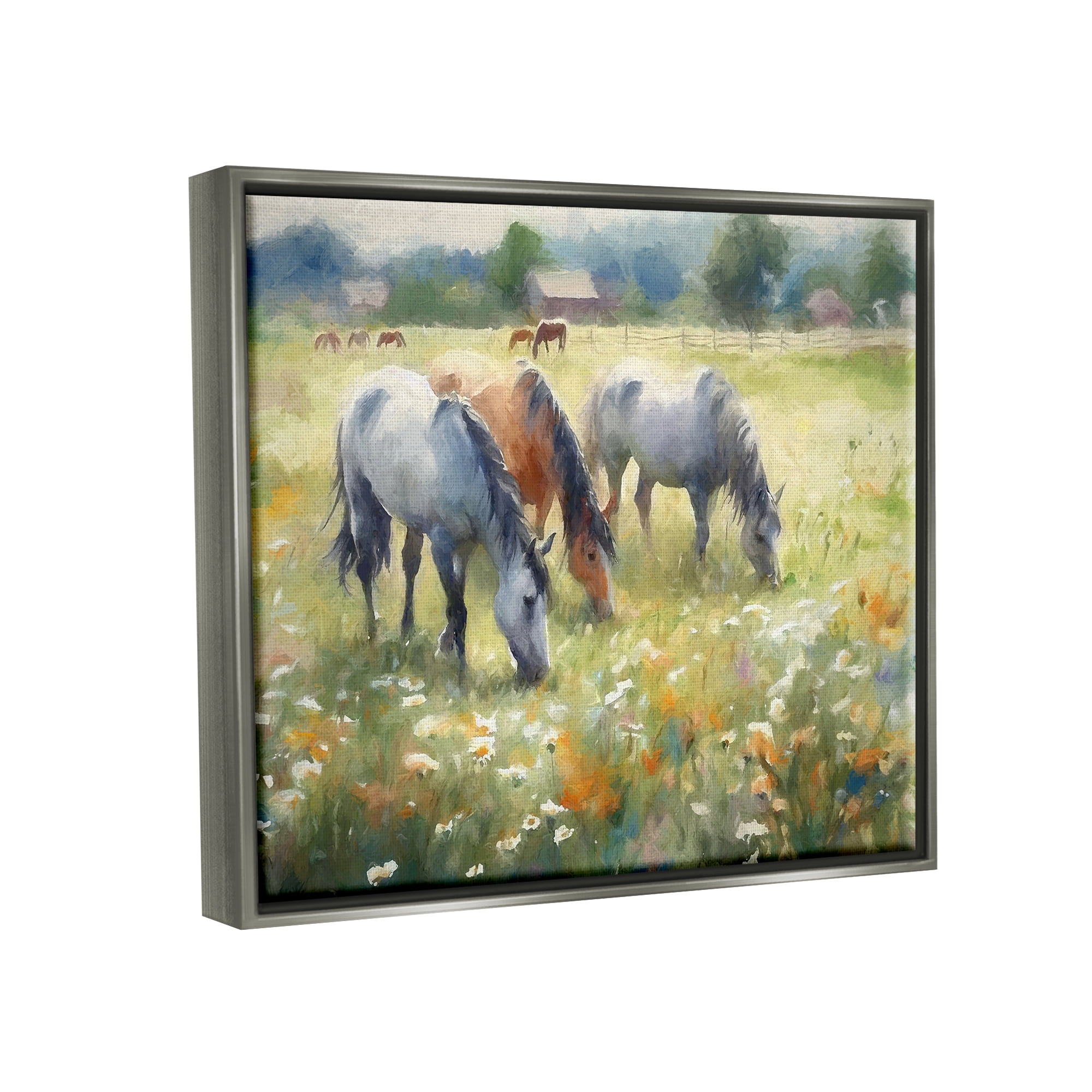 Stupell Industries Grazing Horses in Pasture Animals & Insects Painting Gray Floater Framed Canvas Art Print Wall Art, 31 x 25