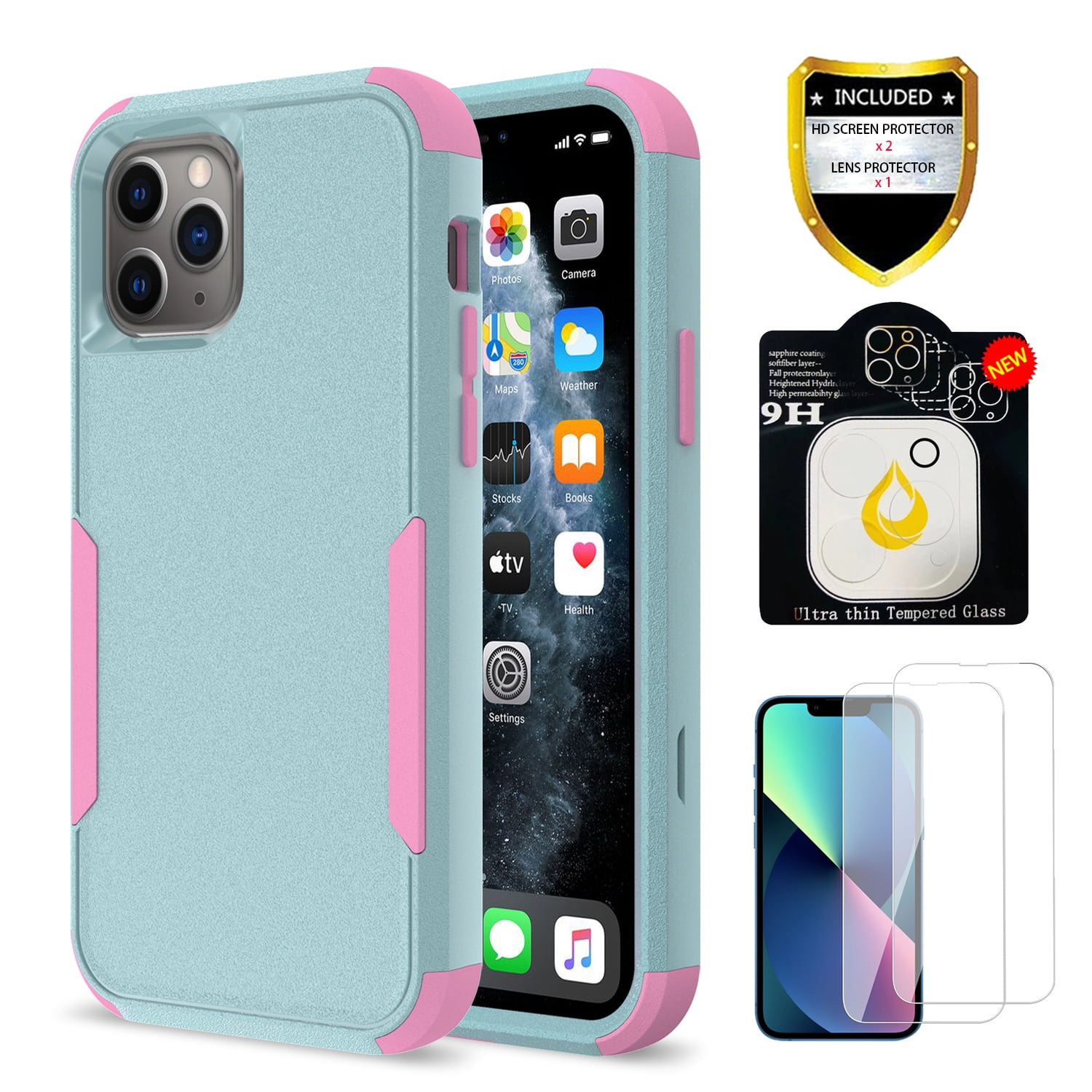 Apple iPhone 12 Pro Max Case + Camera Lens Protector , Rugged Rubber  Durable 3 in 1 Cover , Phone Case for Girl Men Women Cute (Pink+Teal) 