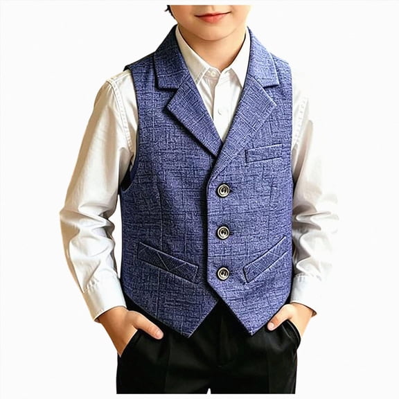 mgoYE Boys' Tweed Wool Suit Vest Formal Wedding Waistcoat with 3 Pockets(Blue,1-2 Years)