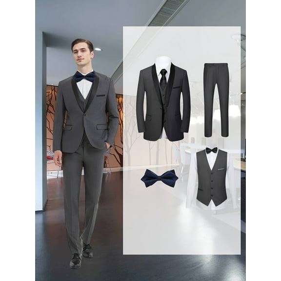 Beauty-Emily Men's 4-Piece Tuxedo Suit with Blazer, Vest, Pants & Tie – Shawl Collar, One Button, Wedding, Party, Business & Formal Wear