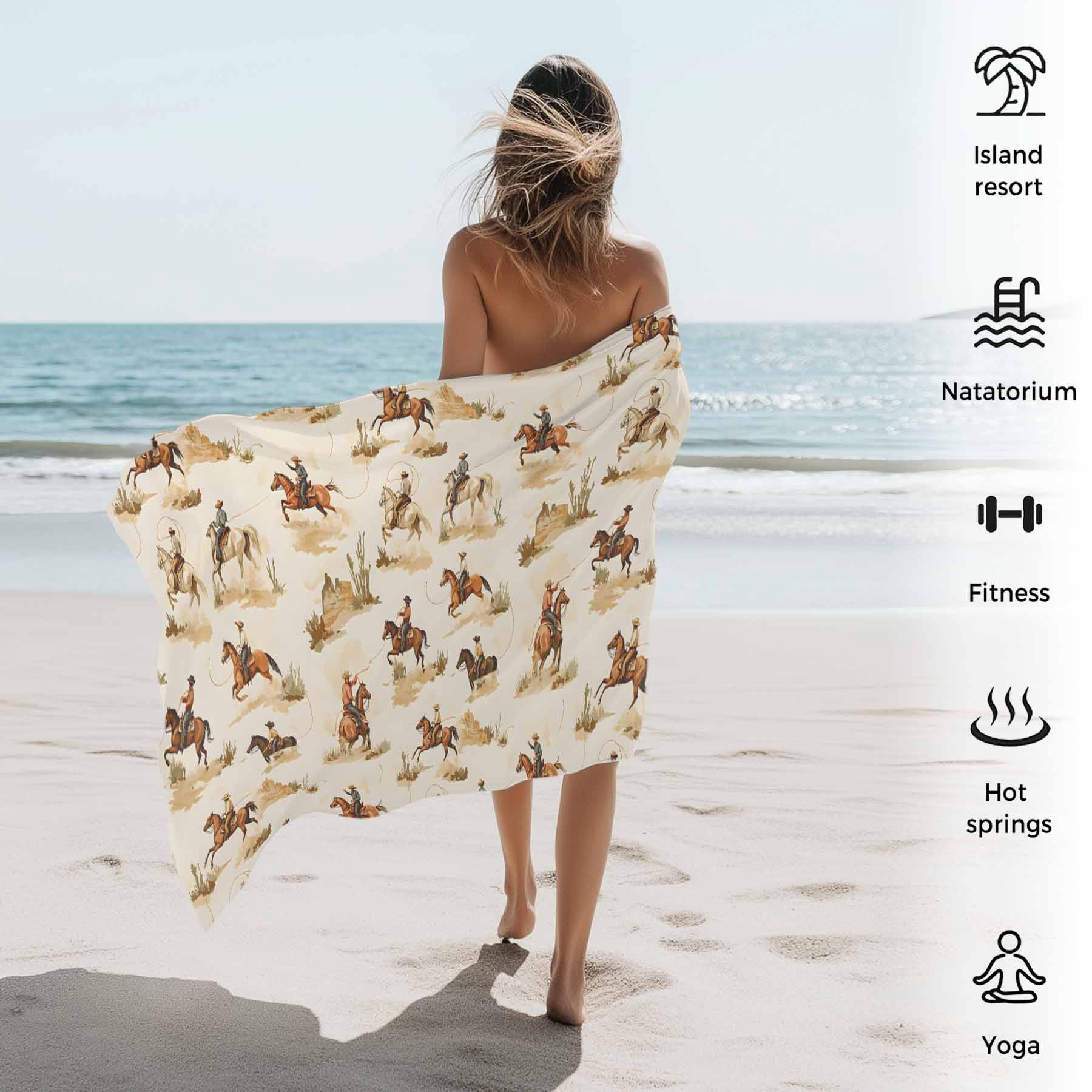 Farmhouse Western Beach Towels Blanket Soft&Absorbent Quick Dry Microfiber Cowboy Desert Horse Print Pool Towels for Swimming ,Yoga, Sports, Gym, Camping,Large 35X70in, Brown Beige