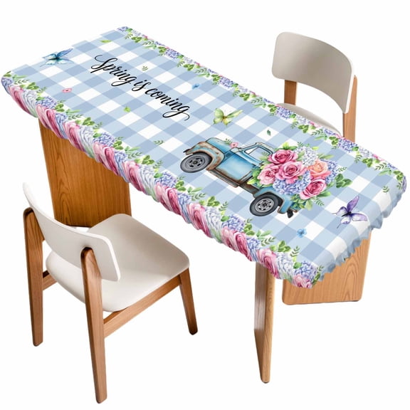 Spring Table Cloths for 8 Foot Rectangle Tables, Truck Botanical Rose Leaves Blue White Plaid Patio Waterproof Elastic Fitted Tablecloths, Washable Rectangular Table Cover for Camping