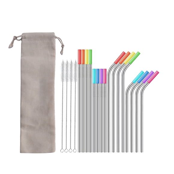 EGNMCR Straw Set Of 16 Reusable Stainless Steel Straws With Travel Case Cleaning Brush Tips Friendly Extra Long Straws Stainless steel