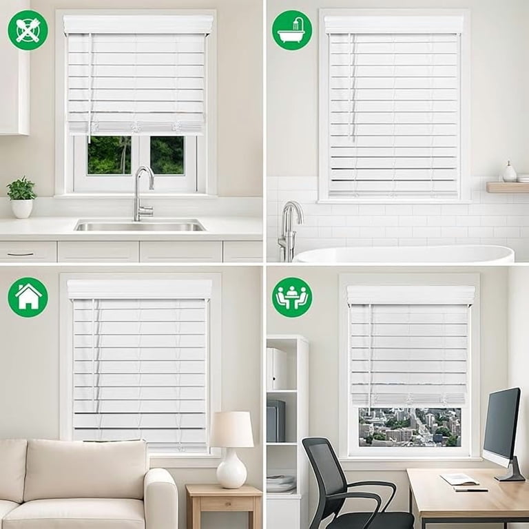 DEZ FURNISHINGS Cordless 2" Faux Wood Blinds - 34.25" W X 48" H, White, Inside/Outside Mount